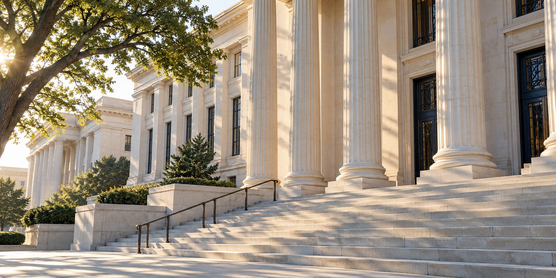 Sunlit limestone civic architecture and courthouse steps